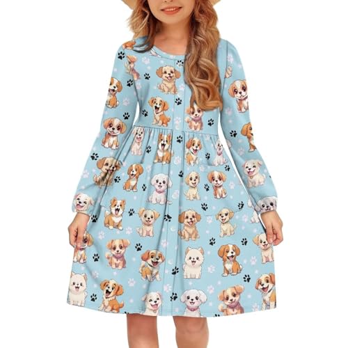 Dolyues Mädchenkleider, süßes Kleid für kleine Mädchen, große Mädchen, weiche Herbstkleider mit langen Ärmeln und Rundhalsausschnitt, Welpen-Aufdruck, 7-8 Jahre von Dolyues