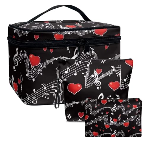 Dolyues Musik Note und Liebe Kosmetik Handtaschen Set für Frauen Damen Leder Geldbörse mit tragbarem Griff und Reißverschluss Desgin High-Capacity Make-up Tasche 3-Pack von Dolyues
