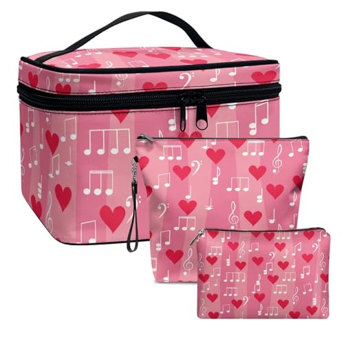 Dolyues Musiknoten und Liebe Große Make-up Tasche Leder Kosmetik Tasche Set Frauen Handtaschen 3PCS Reißverschluss Tasche für Weihnachten Valentinstag Neujahrsgeschenke für Sie Rosa von Dolyues