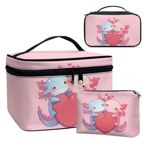 Dolyues Paar Axolotl Make-up Tasche Frauen Reißverschluss Kosmetik Taschen mit Top Griff Südwest Native Ethnic American Style Toilettentasche 3PCS von Dolyues