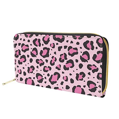 Dolyues Pink Animal Leopard Print Damen Lange Pu-Leder Geldbörse, Reißverschluss, Kreditkartenetui mit Münzfächern, Geldtaschen, Handytasche, Kupplung von Dolyues