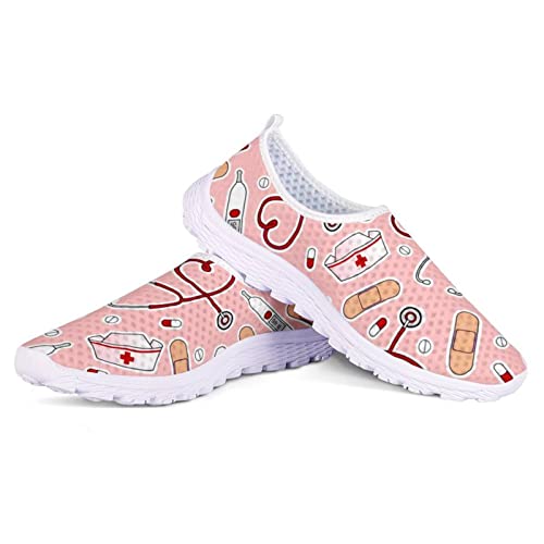 Dolyues Pink Cartoon Nurse Tool Print Damen Slip On Mesh Sneakers,Leichte Bequeme Flache Sport Sportliche Joggingschuhe von Dolyues