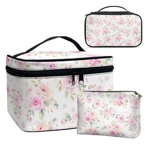 Dolyues Pink Flower 3 Stück Kosmetiktasche Leder Set, Make Up Tasche Damen, Rosa Reise Kosmetiktasche, Multifunktionaler Kosmetiktasche für von Dolyues