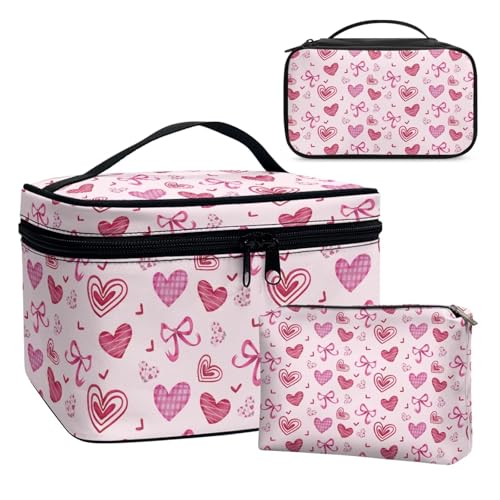 Dolyues Pink Love Bow 3PCS Kosmetiktasche Make up Tasche Make up Koffer Kosmetikkoffer Schminktasche Schminkkoffer Make up Organizer Tasche Make up Bag von Dolyues