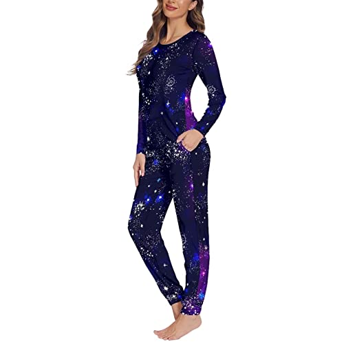 Dolyues Pyjama-Sets Winter Frühling Herbst Pyjama Lang Pjs mit Tasche Langarm Zweiteilige Nachtwäsche, Lila Galaxy, 42 von Dolyues