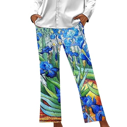 Dolyues Pyjamahose für Damen, legere Lounge, Nachtwäsche, Hose mit Taschen, weites Bein, Van Gogh Irises, 42 von Dolyues