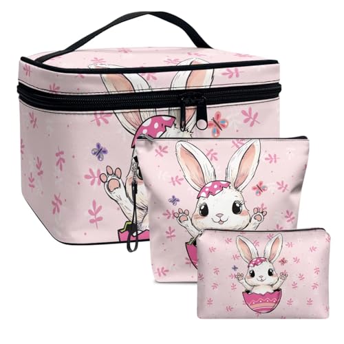 Dolyues Rosa Osterhase Make up Tasche Große Tragbare Reise Kosmetik Tasche Tasche Aufbewahrungstaschen für Frauen Mädchen Ostertag Geschenke 3pcs Frauen Handtaschen von Dolyues