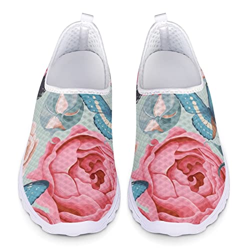 Dolyues Rote Rose Schmetterling 3D-Druck Beiläufig Schlüpfen Trainer Damen Leichte Mesh Sportliche Alltagsschuhe 36 EU von Dolyues