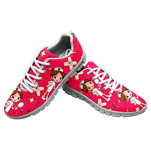 Dolyues Roter Karikatur Krankenschwester/Krankenpfleger Gedruckt Beiläufig Schnüren Gittergewebe Laufschuhe Damen Bequeme Jogging-Turnschuhe 39 EU von Dolyues
