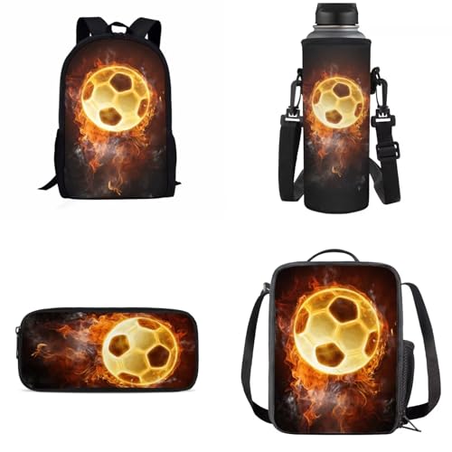 Dolyues Rucksack-Set, 4-in-1, Kinder-Schultasche, Grundschule, Schulrucksäcke, Büchertasche, Fire Flame Soccer-1, Kinderrucksack von Dolyues