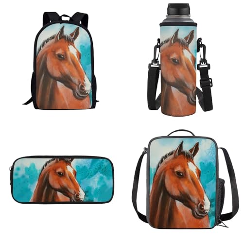 Dolyues Rucksack-Set, 4-in-1, Kinder-Schultasche, Grundschule, Schulrucksäcke, Büchertasche, Horse-3, Kinderrucksack von Dolyues