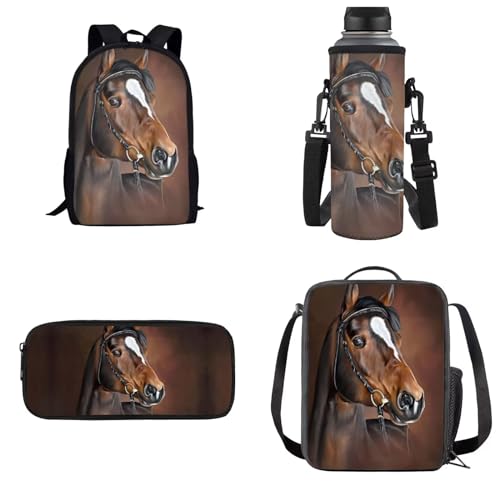 Dolyues Rucksack Set 4-in-1 Kinder Schultasche mit Lunchtasche und Federmäppchen Wasserflasche Träger, Braunes Pferd, Kinderrucksack von Dolyues