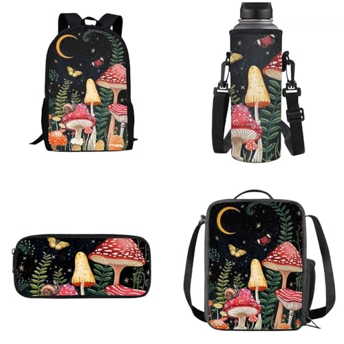 Dolyues Rucksack Set 4-in-1 Kinder Schultasche mit Lunchtasche und Federmäppchen Wasserflasche Träger, Pilz, Mond, Stern, Kinderrucksack von Dolyues