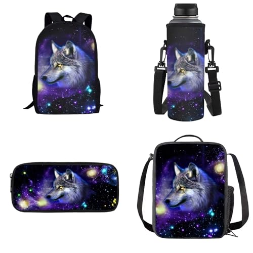 Dolyues Rucksack Set 4-in-1 Kinder Schultasche mit Lunchtasche und Federmäppchen Wasserflasche Träger, Violett Galaxie Wolf, Kinderrucksack von Dolyues