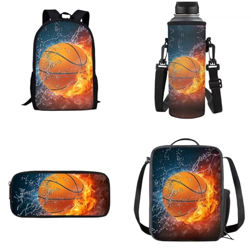 Dolyues Rucksack Set 4-in-1 Kinder Schultasche mit Lunchtasche und Federmäppchen Wasserflasche Träger, Wasserfeuer Basketball-1, Kinderrucksack von Dolyues