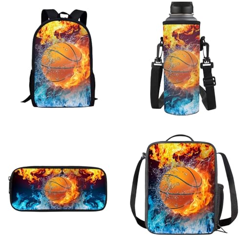 Dolyues Rucksack Set 4-in-1 Kinder Schultasche mit Lunchtasche und Federmäppchen Wasserflasche Träger, Wasserfeuer Basketball-2, Kinderrucksack von Dolyues