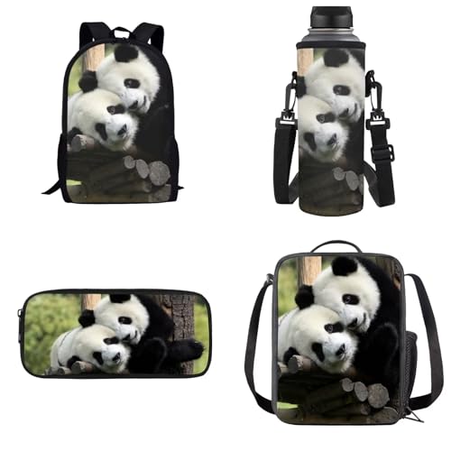 Dolyues Rucksack Set 4-in-1 Kinder Schultasche mit Lunchtasche und Federmäppchen Wasserflasche Träger, panda, Kinderrucksack von Dolyues