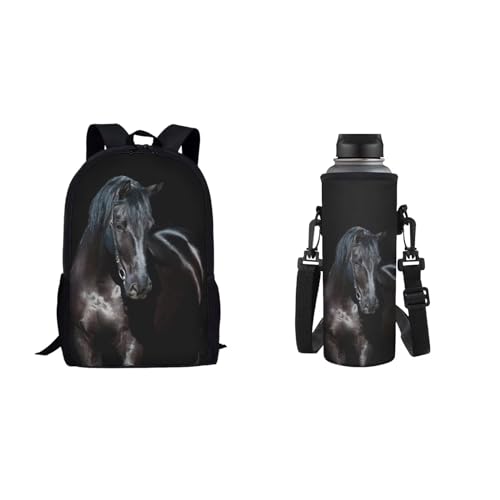 Dolyues Schulbüchertaschen-Set mit Wasserflaschenträger 2-in-1 Schulrucksack für Kinder, Schwarzes Pferd, Kinderrucksack von Dolyues