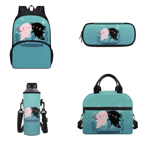 Dolyues Schulranzen 4 in 1 Rucksack Set Mädchen Schulrucksack für Kleinkind Teenager, Axolotl-Blau, Rucksack, Rucksäcke von Dolyues