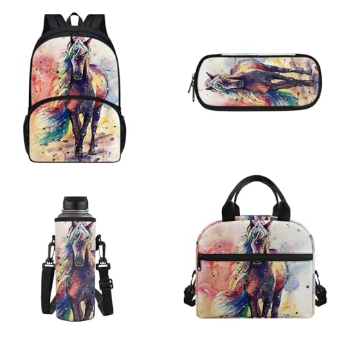 Dolyues Schulranzen 4 in 1 Rucksack Set Mädchen Schulrucksack für Kleinkind Teenager, Buntes Pferd, Rucksack, Rucksäcke von Dolyues