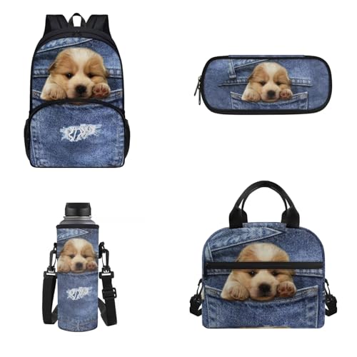 Dolyues Schulranzen 4 in 1 Rucksack Set Mädchen Schulrucksack für Kleinkind Teenager, Denim Dog-Blau, Rucksack, Rucksäcke von Dolyues