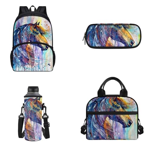 Dolyues Schulranzen 4 in 1 Rucksack Set Mädchen Schulrucksack für Kleinkind Teenager, Pferd Regenbogen, Rucksack, Rucksäcke von Dolyues