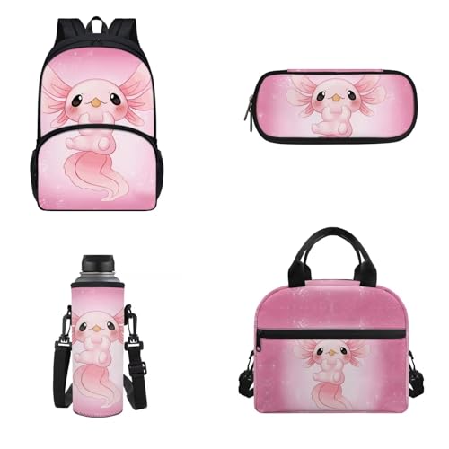 Dolyues Schulranzen 4 in 1 Rucksack Set Mädchen Schulrucksack für Kleinkind Teenager, Rosa Axolotl, Rucksack, Rucksäcke von Dolyues