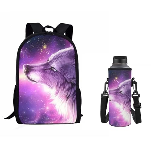 Dolyues Schulranzen-Set für Kinder, 2-teilig, Schultasche und Wasserflaschenträger für Kleinkinder, Kinder, Purple Galaxy Wolf-1, Kinderrucksack von Dolyues