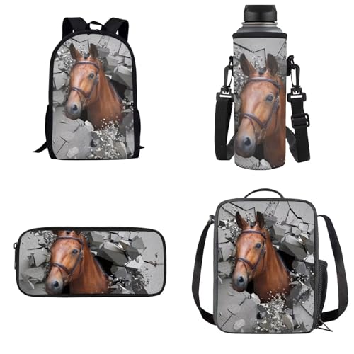 Dolyues Schulrucksack Kinderrucksäcke 4 in 1 Schulranzen Set für Mädchen Jungen, Brown Horse-3, Kinderrucksack von Dolyues