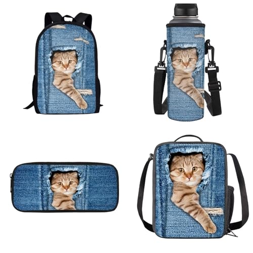 Dolyues Schulrucksack Kinderrucksäcke 4 in 1 Schulranzen Set für Mädchen Jungen, Denim Cat-Blau, Kinderrucksack von Dolyues