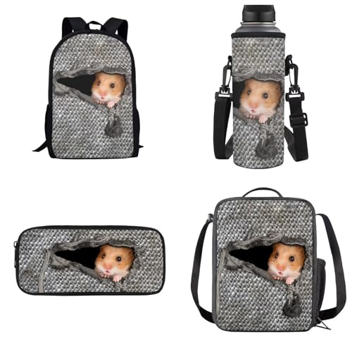 Dolyues Schulrucksack Kinderrucksäcke 4 in 1 Schulranzen Set für Mädchen Jungen, Reißverschluss Hamster, Kinderrucksack von Dolyues