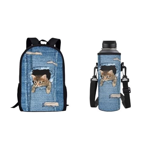 Dolyues Schultaschen-Set für Teenager-Mädchen, Rucksäcke mit Wasserflaschenträger 2-in-1-Rucksack, Blaue Denim-Katze, Kinderrucksack von Dolyues