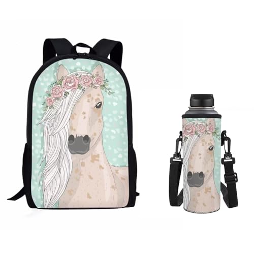 Dolyues Schultaschen für Teenager-Mädchen, 2-in-1-Schulrucksack, Schulanfang, Pferd Floral, Kinderrucksack von Dolyues