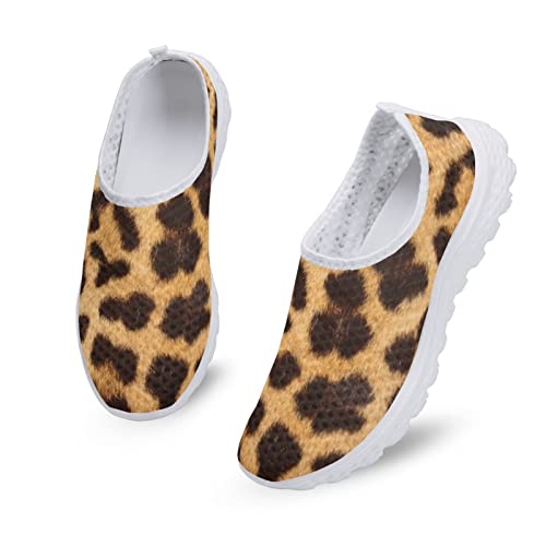 Dolyues Schwarz Braun Animal Leopard Print Damen Laufschuhe Leichte Slip On Flache Mesh Turnschuhe Lässig von Dolyues