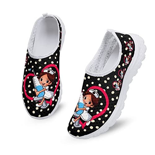 Dolyues Schwarz Cartoon Krankenschwester Print Damen Lässige Mesh Sportliche Sportschuhe Bequeme Leichte Slip On Sneakers von Dolyues