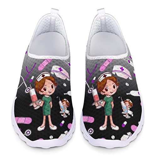 Dolyues Schwarz Weiß Farbverlauf Cartoon Krankenschwester Muster Frauen Sportliche Sport Laufschuhe, Lässige Mesh Atmungsaktive Slip On Sneakers von Dolyues