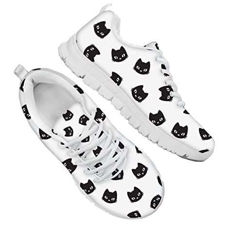 Dolyues Schwarze Katze/Kätzchen Kopf Print Damen Trainer Gittergewebe Schnüren Laufsneaker, Beiläufig Niedriges Oberteil Sportlich Sport Gehen Joggen Schuhe von Dolyues