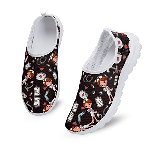 Dolyues Schwarzer Sketch Nurse Print Damen Sport Gym Walking Laufschuhe Leichte Atmungsaktive Slip On Trainer Sneaker von Dolyues