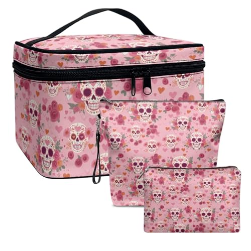 Dolyues Skelett Rose Travel Makeup Bag for Women Girl, Multi-Functional Cosmetic Bags Travel Toiletry Pouch Storage Case, Pink Toiletries Bags 3 Pack von Dolyues