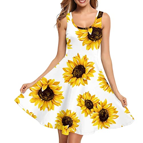 Dolyues Sumemr Freizeitkleid für Damen, lockeres, elastisches T-Shirt-Kleid mit Taschen, Midi-Strand-Cover-Up-Sommerkleid, Gelbe Sonnenblume, X-Large von Dolyues
