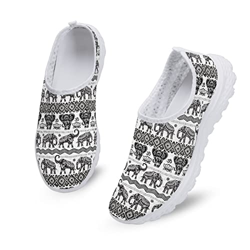 Dolyues Weiß Schwarz Ethnic Boho Elephant Print Damen Casual Schlüpfen Sneakers, Bequeme Atmungsaktive Sport Sportschuhe von Dolyues