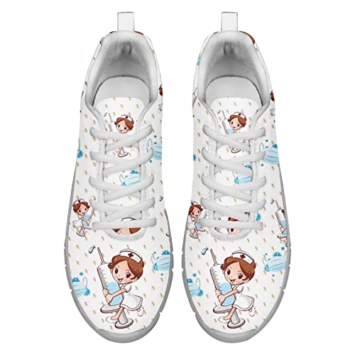 Dolyues Weiße 3D-Karikatur-Krankenschwester/Krankenpflegemuster Frauen Sport Sport Trainer Schuhe Leichte atmungsaktive Turnschuhe von Dolyues