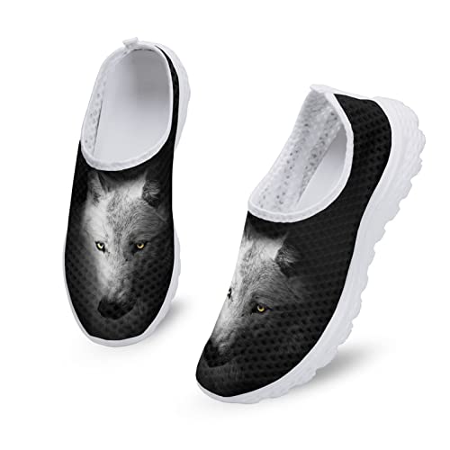 Dolyues Weiße 3D Tier Wolf Druck Damen beiläufige Slip On Wanderschuhe Workout Fitness Trainer MeshTurnschuhe für Krankenhausarbeit von Dolyues