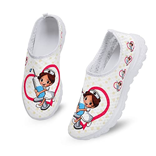 Dolyues Weißes Cartoon-Stillmuster Damen Mesh Athletic Trainer Sneakers Leichte Bequeme Slip On Wanderschuhe von Dolyues