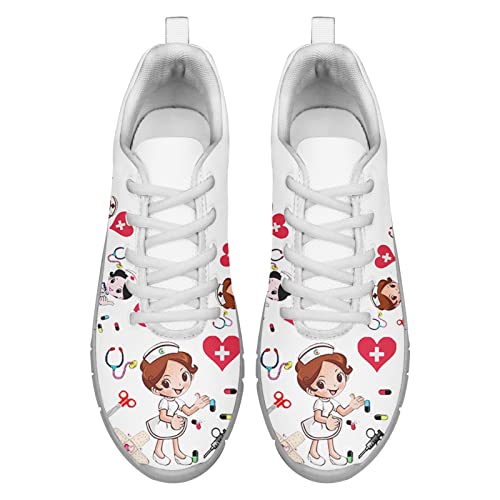 Dolyues Weißes Krankenschwester-Design Drucken Damen Lauf Sneaker Atmungsaktiv Leichtes Gittergewebe Schnür Sport Sportschuh 38 EU von Dolyues