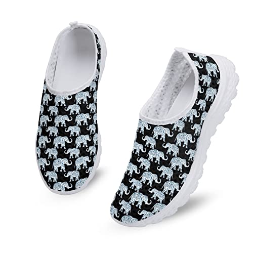 Dolyues White Tribal Ethnic Boho Elephant Pattern Damen Slip On Sneakers Casual Atmungsaktive Leichte Workout Gym Schuhe von Dolyues