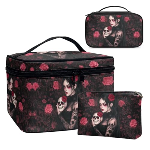 Dolyues Women and Skull 3 Stück Kosmetiktasche Leder Make Up Tasche Reise Schminktasche Tragbare Kulturkoffer Mini Kosmetikbeutel Reise Fashion von Dolyues