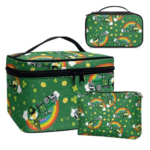 Dolyues dem Regenbogen Truck 3 Pcs Kleine Make up Tasche für Handtasche, PU-Leder Make up Tasche mit Fächern Reise Make up Tasche für Mädchen Frauen (Grün) St. Patrick's Day von Dolyues