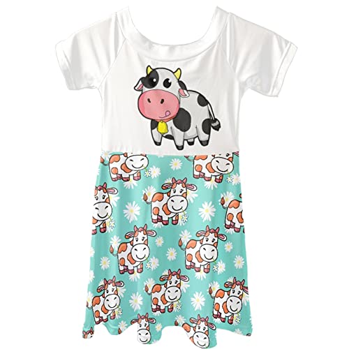 Dolyues niedliche weiße Cartoon-Kuh-Druck-Mädchen-Kleider Mode-Rundhals-Sommer-Kurzarm-Kleid Kinder-Alltagskleidung von Dolyues