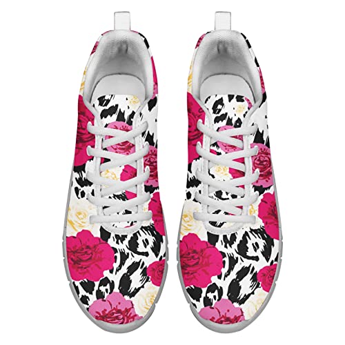 Dolyues rot Rose Blumen weiß und schwarz Leopardenmuster Laufschuhe für Damen Mode Schnürschuhe Sporttrainer Leicht EU40 von Dolyues